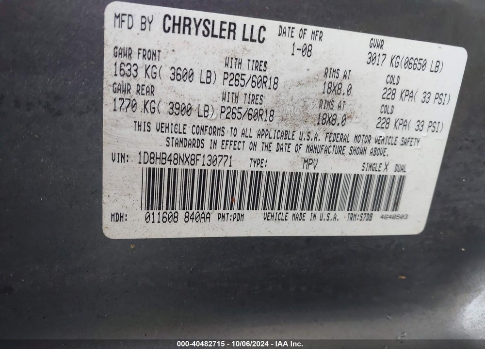 2008 DODGE DURANGO SLT VIN: 1D8HB48NX8F130771