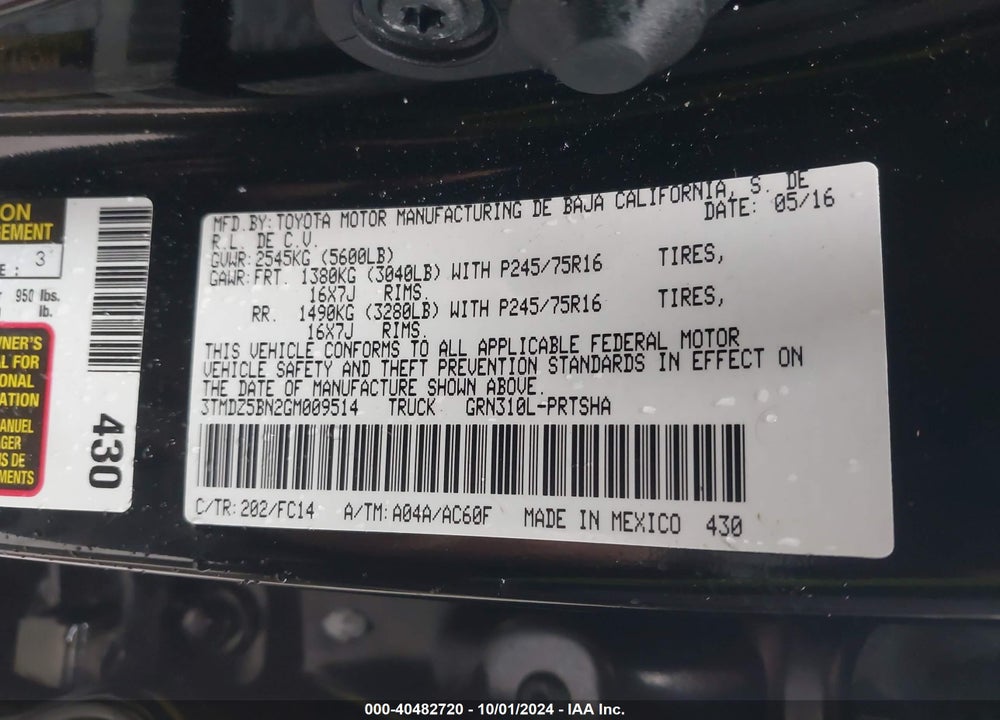2016 TOYOTA TACOMA SR5 V6 VIN: 3TMDZ5BN2GM009514