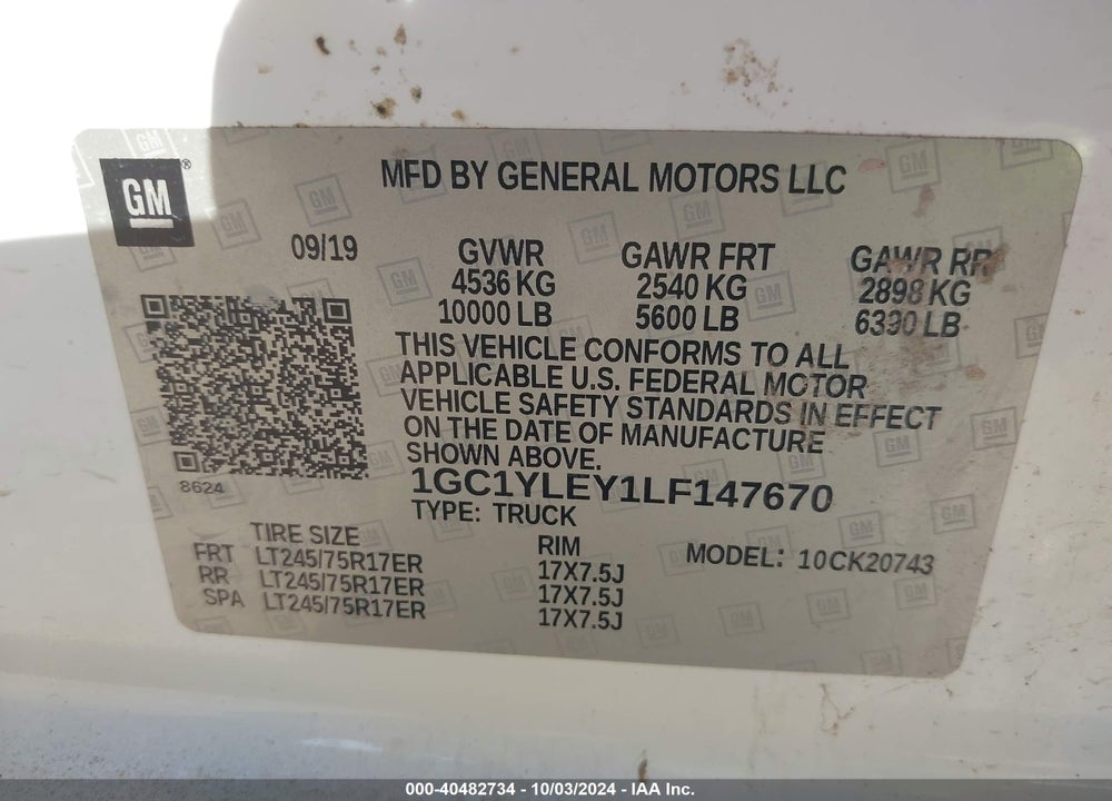2020 CHEVROLET SILVERADO 2500HD 4WD STANDARD BED WT VIN: 1GC1YLEY1LF147670