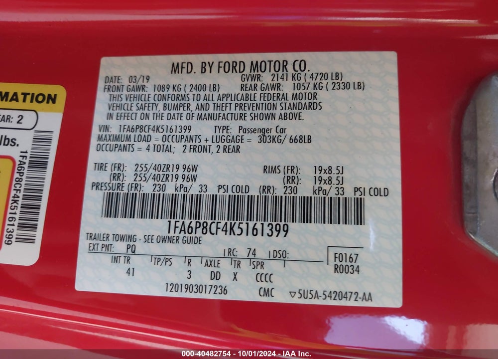2019 FORD MUSTANG GT PREMIUM VIN: 1FA6P8CF4K5161399