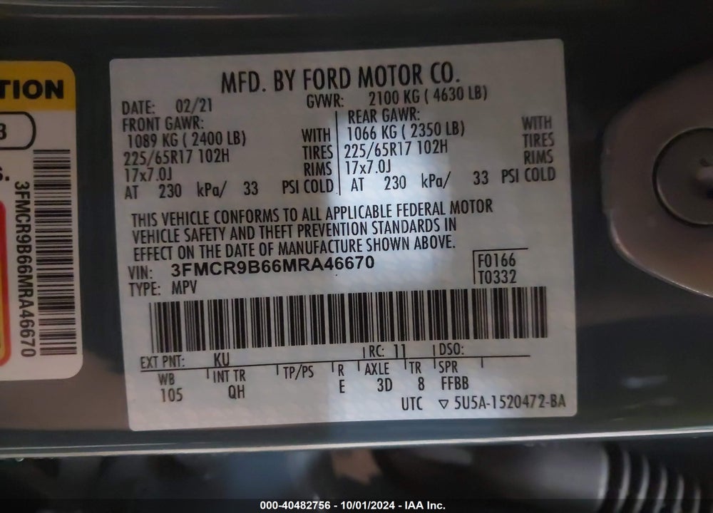 2021 FORD BRONCO SPORT BIG BEND VIN: 3FMCR9B66MRA46670