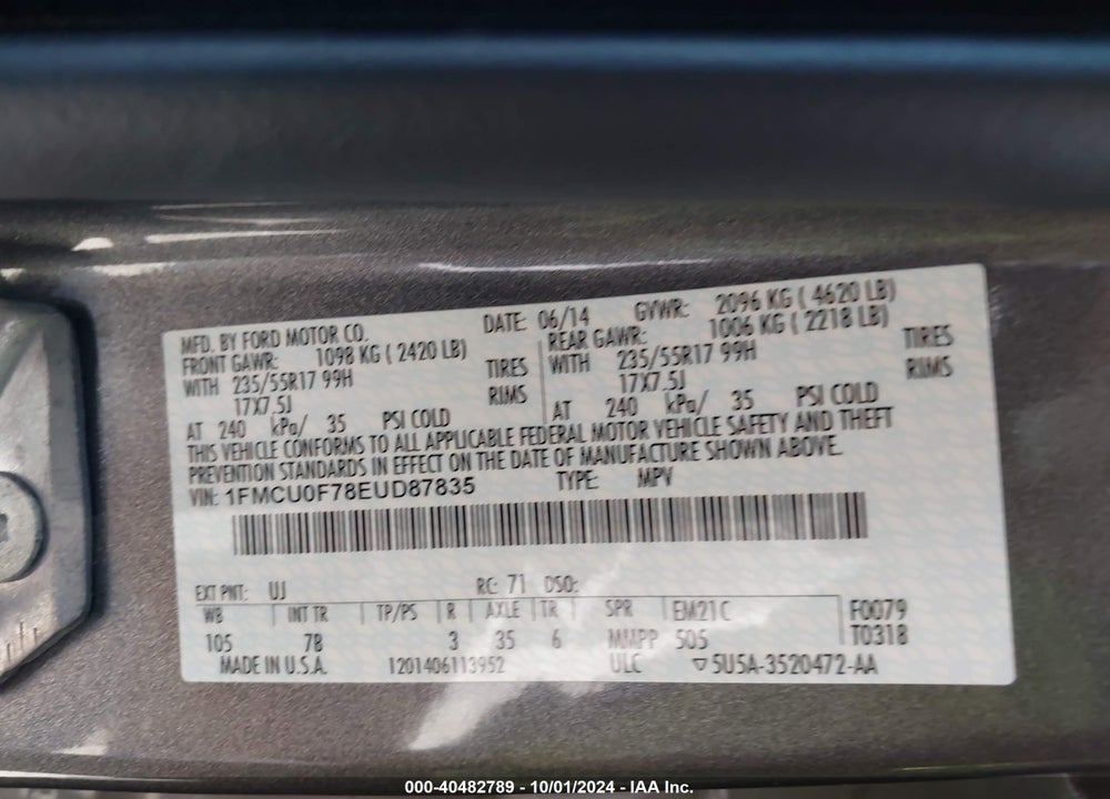 2014 FORD ESCAPE S VIN: 1FMCU0F78EUD87835
