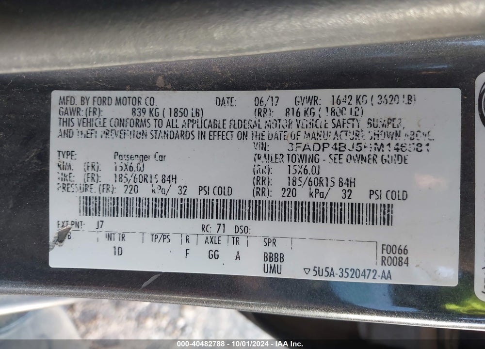 2017 FORD FIESTA SE VIN: 3FADP4BJ5HM146581