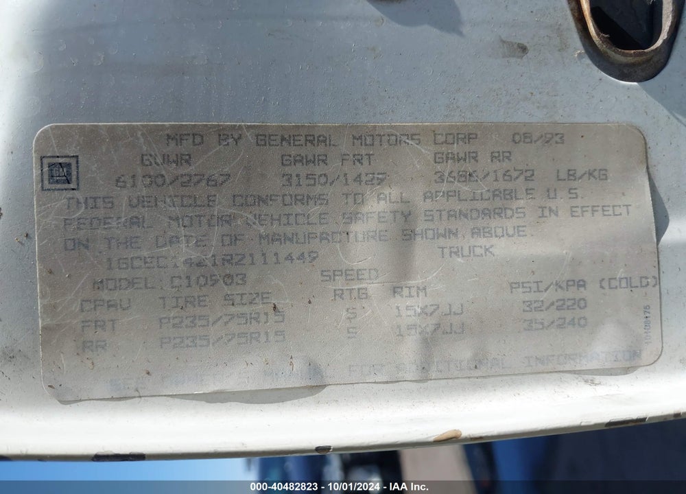 1994 CHEVROLET GMT-400 C1500 VIN: 1GCEC14Z1RZ111449