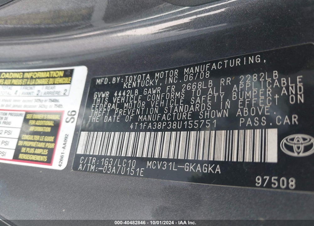 2008 TOYOTA CAMRY SOLARA SLE VIN: 4T1FA38P38U155751