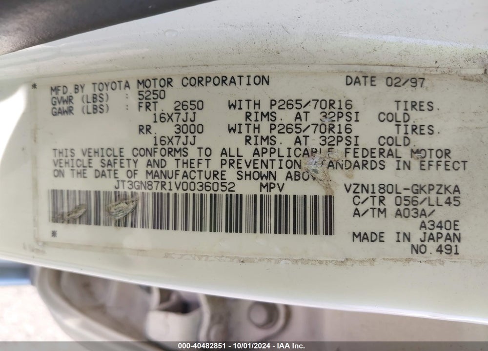 1997 TOYOTA 4RUNNER SR5 V6 LIMITED VIN: JT3GN87R1V0036052