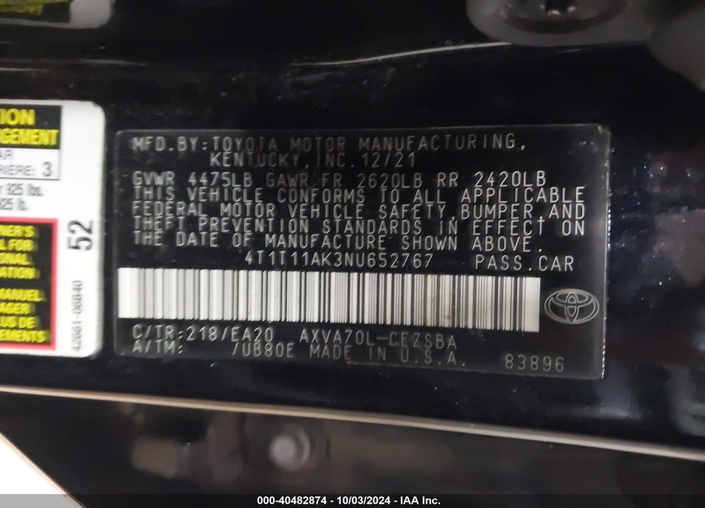 2022 TOYOTA CAMRY SE VIN: 4T1T11AK3NU652767