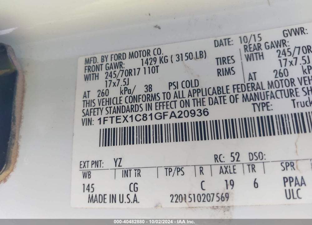 2016 FORD F-150 XL VIN: 1FTEX1C81GFA20936