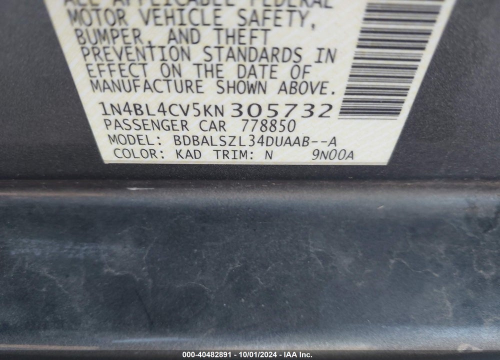 2019 NISSAN ALTIMA 2.5 SR VIN: 1N4BL4CV5KN305732