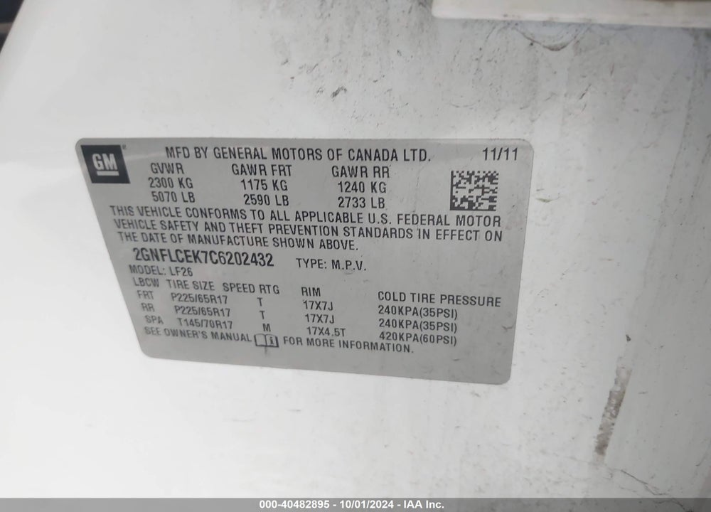 2012 CHEVROLET EQUINOX LS VIN: 2GNFLCEK7C6202432