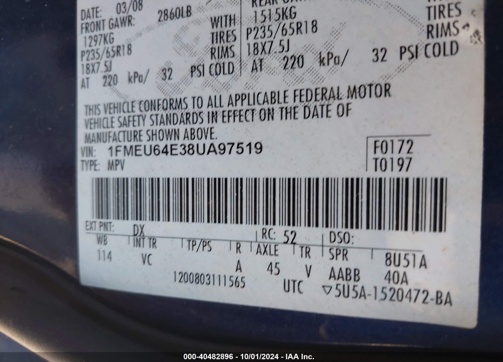 2008 FORD EXPLORER EDDIE BAUER VIN: 1FMEU64E38UA97519