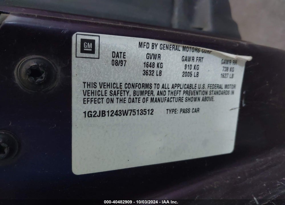 1998 PONTIAC SUNFIRE SE VIN: 1G2JB1243W7513512