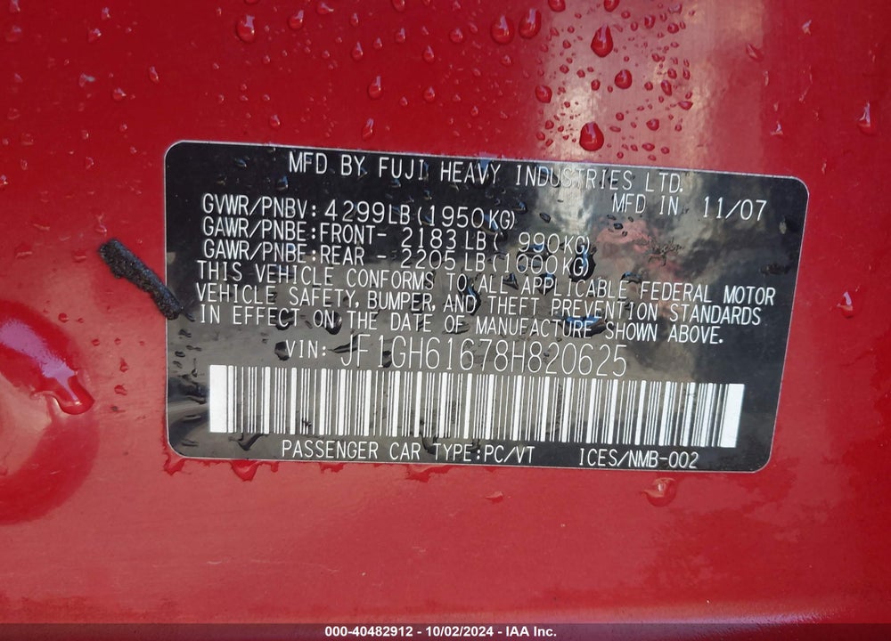 2008 SUBARU IMPREZA 2.5I VIN: JF1GH61678H820625