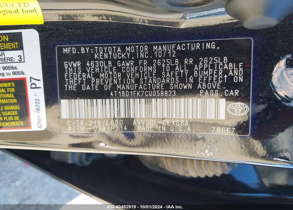 2012 TOYOTA CAMRY HYBRID XLE VIN: 4T1BD1FK7CU058823