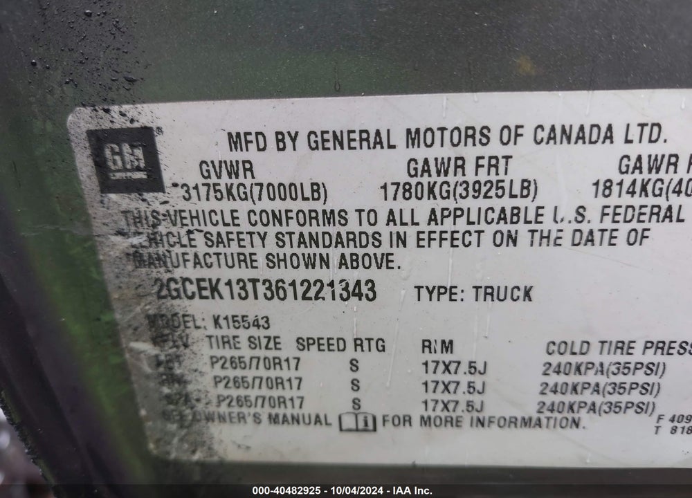 2006 CHEVROLET SILVERADO 1500 LT3 VIN: 2GCEK13T361221343