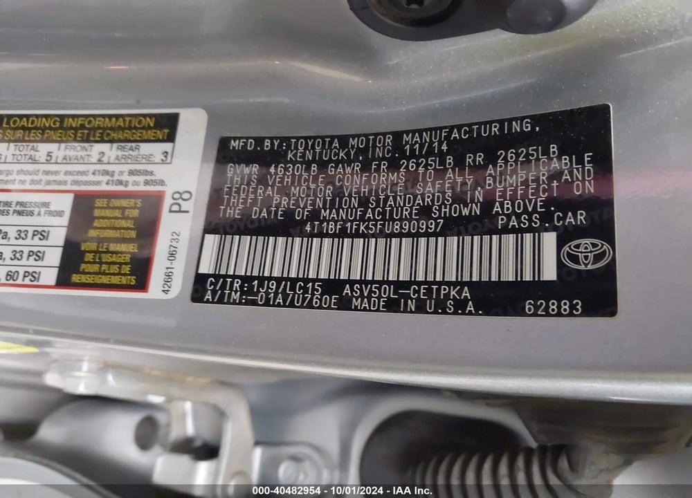 2015 TOYOTA CAMRY XSE VIN: 4T1BF1FK5FU890997