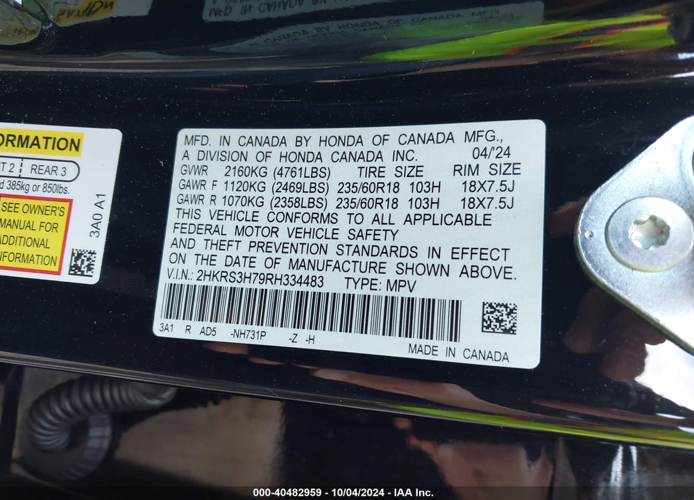 2024 HONDA CR-V EX-L 2WD VIN: 2HKRS3H79RH334483