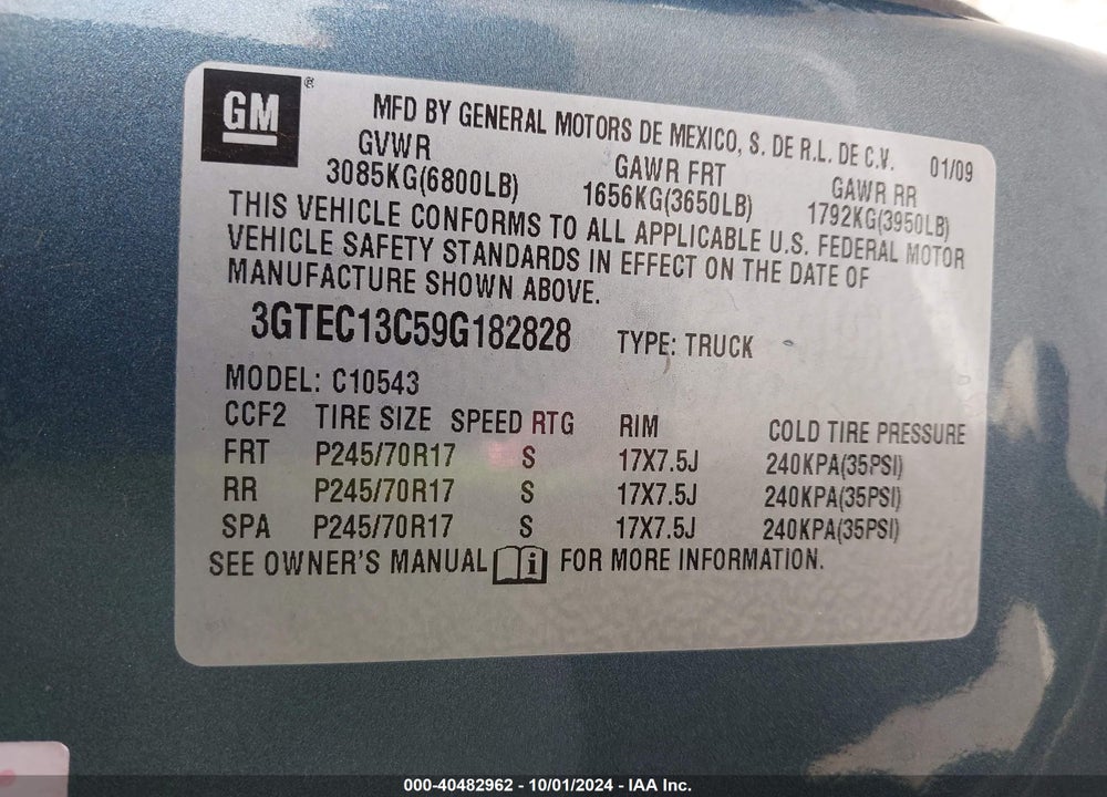 2009 GMC SIERRA 1500 SL VIN: 3GTEC13C59G182828