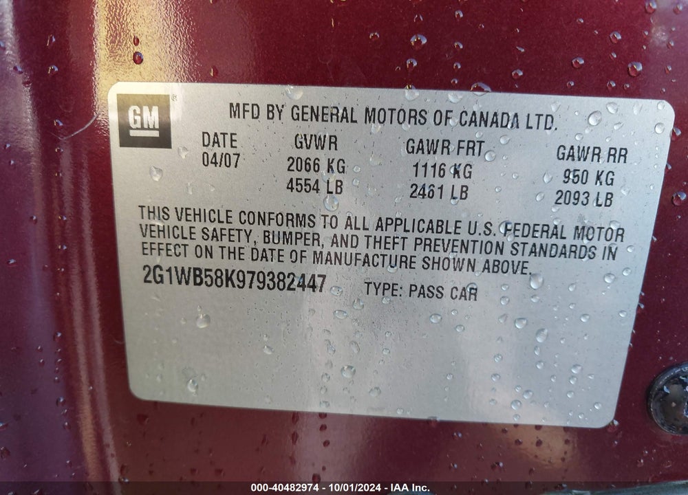 2007 CHEVROLET IMPALA LS VIN: 2G1WB58K979382447