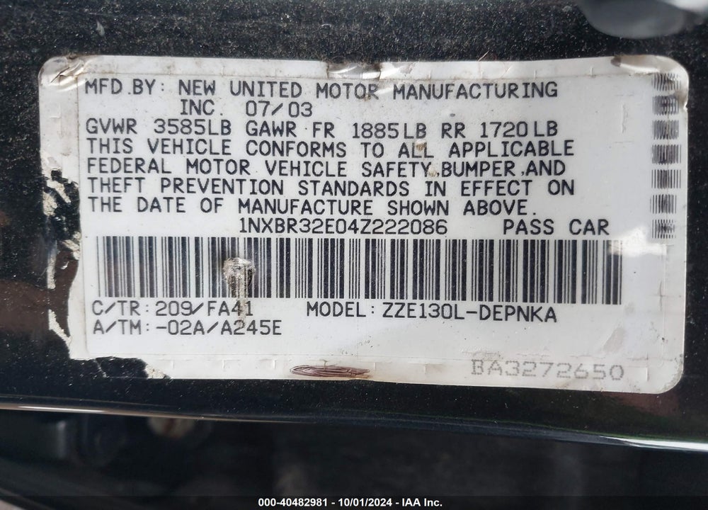 2004 TOYOTA COROLLA LE VIN: 1NXBR32E04Z222086