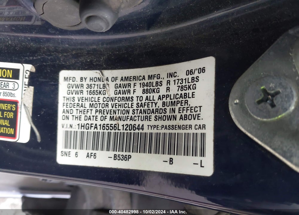 2006 HONDA CIVIC LX VIN: 1HGFA16556L120644