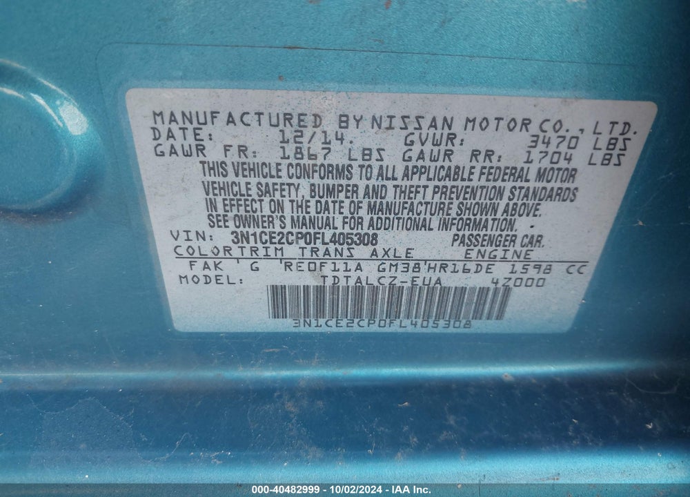 2015 NISSAN VERSA NOTE S PLUS VIN: 3N1CE2CP0FL405308