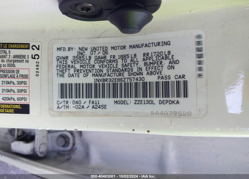 2006 TOYOTA COROLLA CE VIN: 1NXBR32E86Z757430