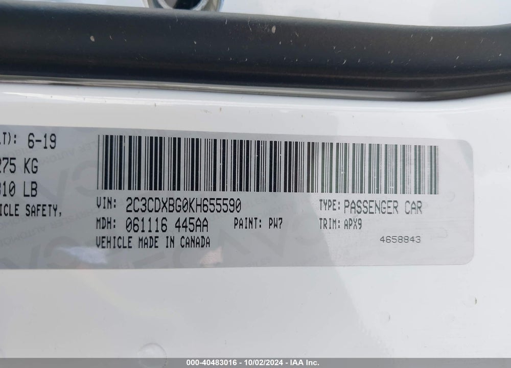 2019 DODGE CHARGER SXT RWD VIN: 2C3CDXBG0KH655590
