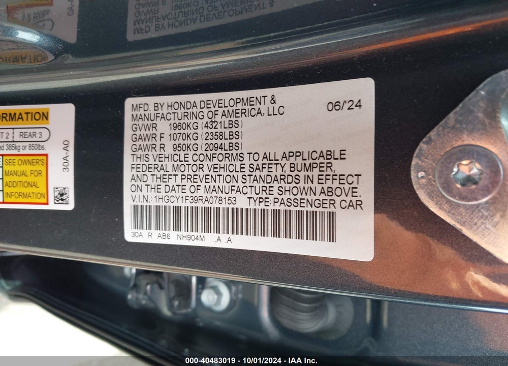2024 HONDA ACCORD EX VIN: 1HGCY1F39RA078153