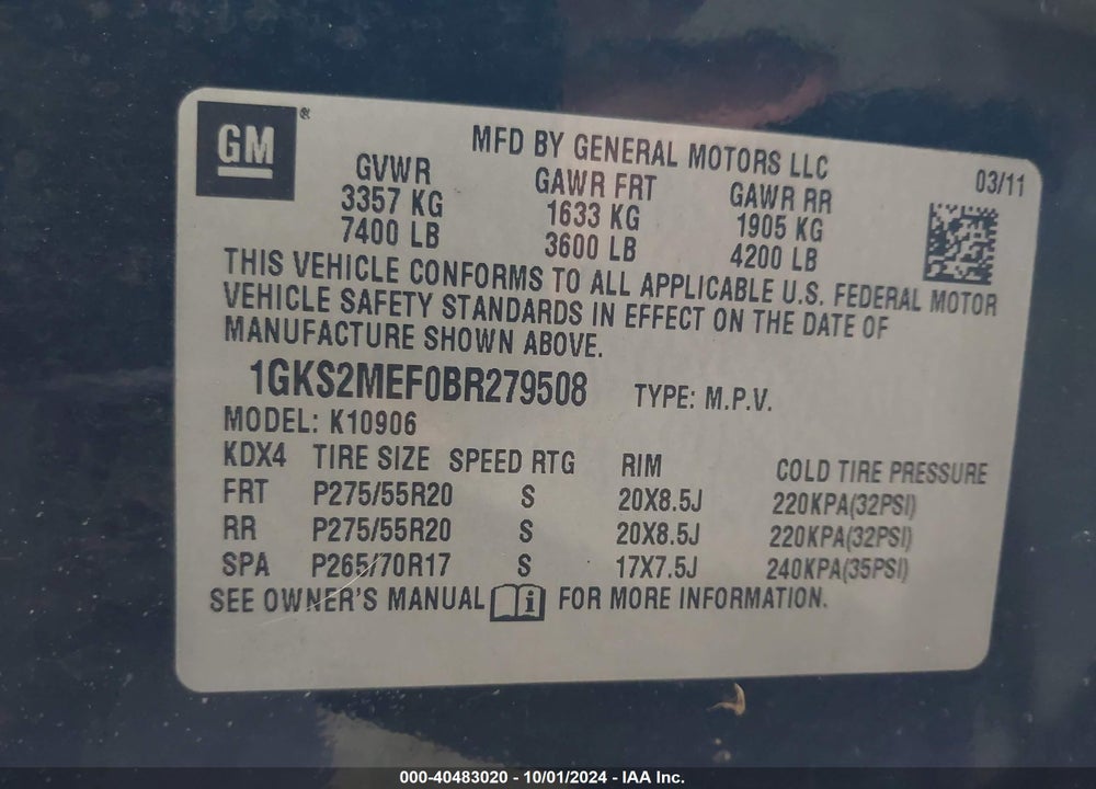 2011 GMC YUKON XL 1500 DENALI VIN: 1GKS2MEF0BR279508