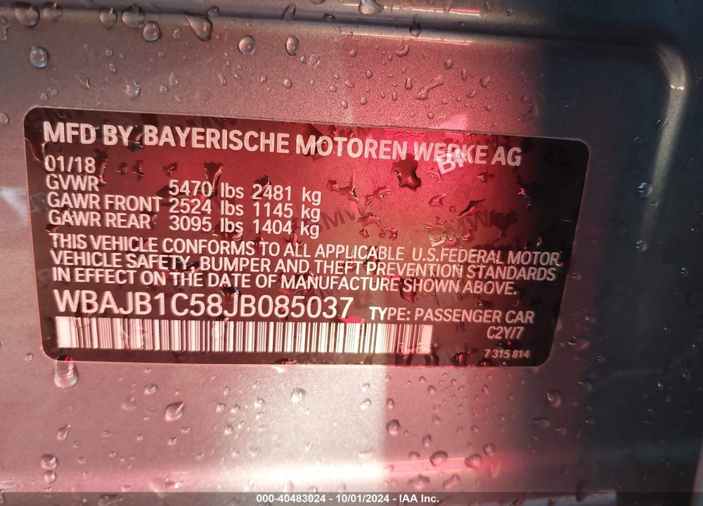 2018 BMW 530E XDRIVE IPERFORMANCE VIN: WBAJB1C58JB085037