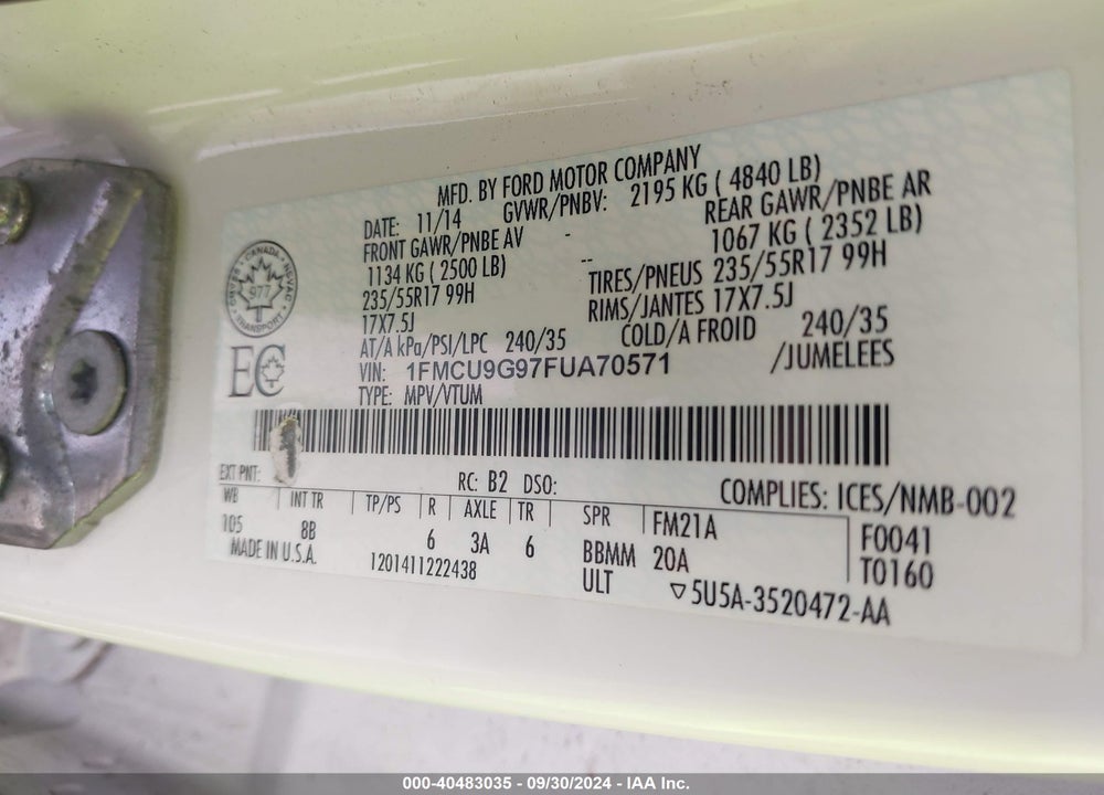 2015 FORD ESCAPE SE VIN: 1FMCU9G97FUA70571