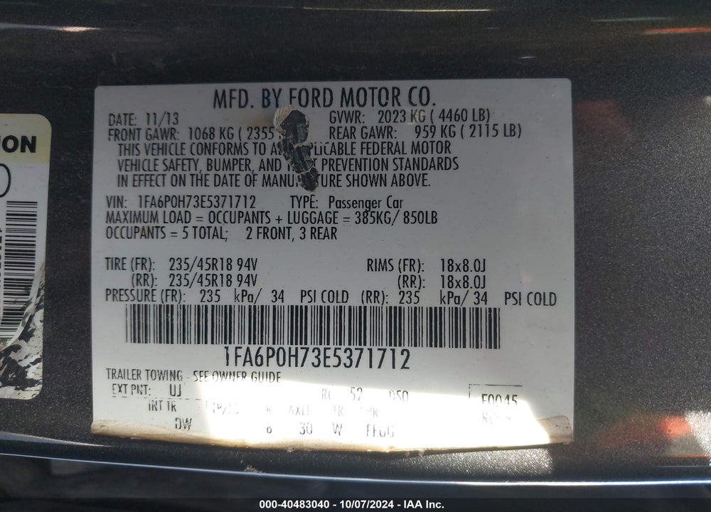 2014 FORD FUSION SE VIN: 1FA6P0H73E5371712