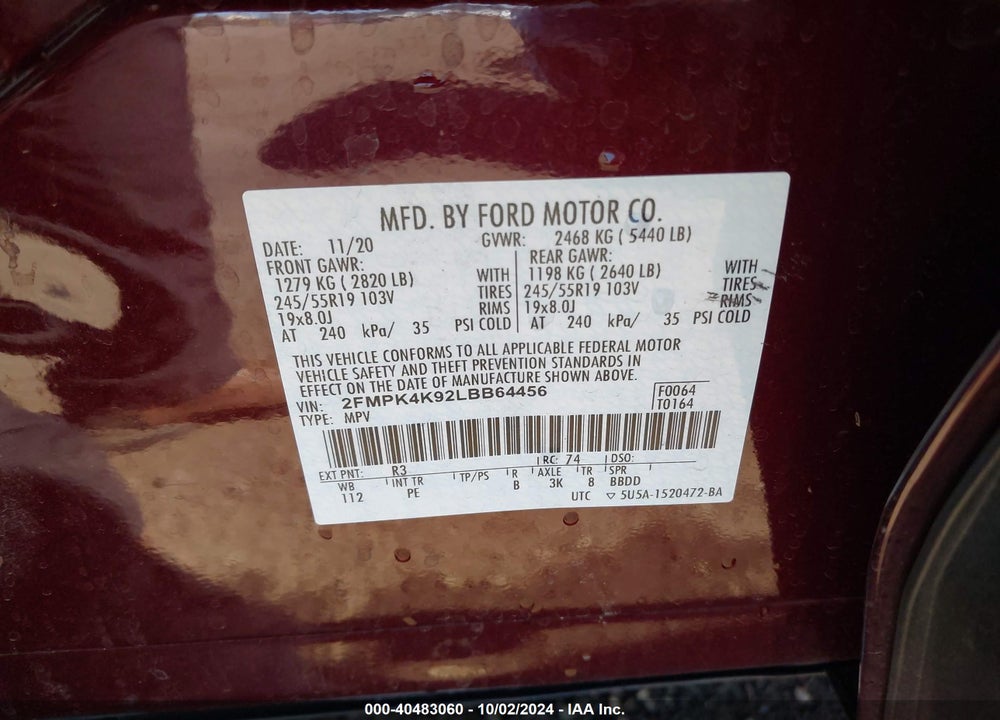 2020 FORD EDGE TITANIUM VIN: 2FMPK4K92LBB64456