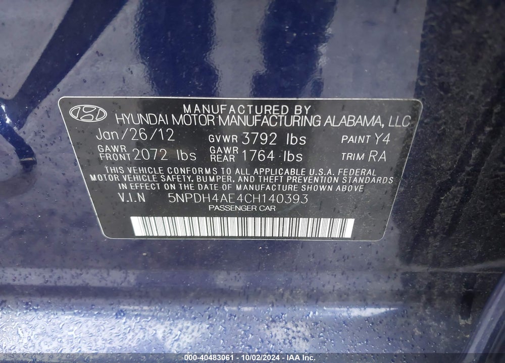 2012 HYUNDAI ELANTRA GLS VIN: 5NPDH4AE4CH140393