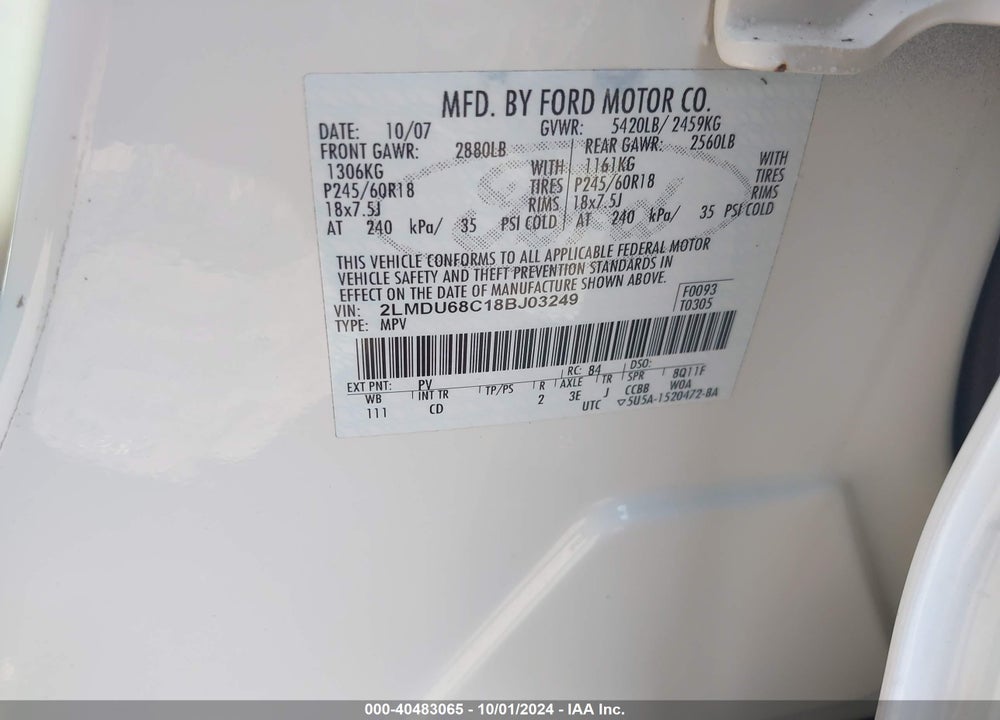 2008 LINCOLN MKX VIN: 2LMDU68C18BJ03249