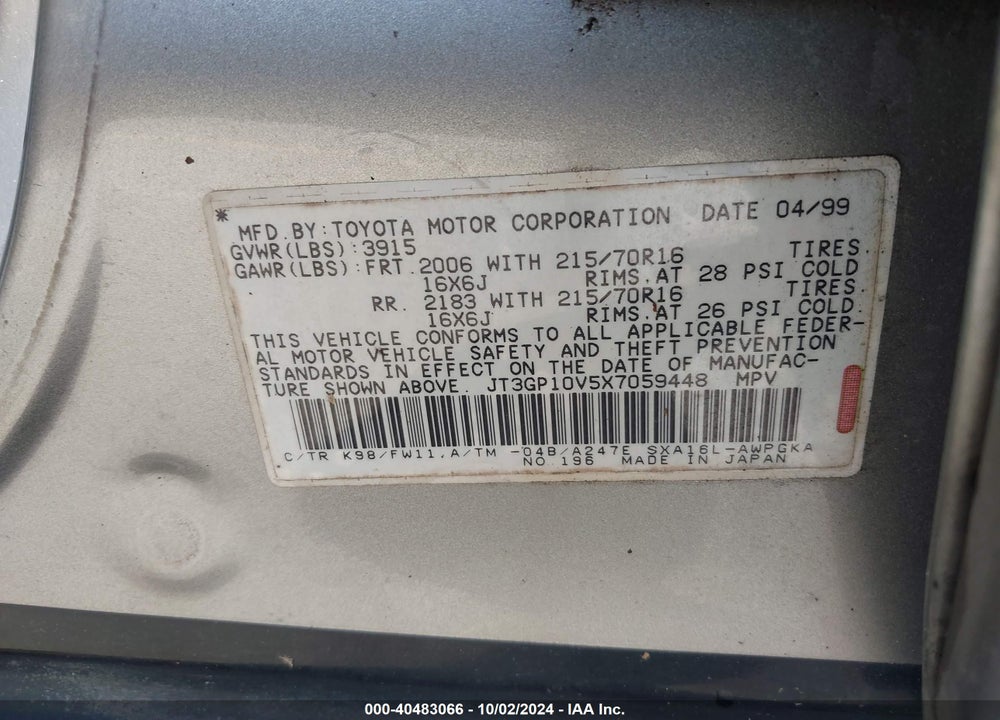 1999 TOYOTA RAV4 VIN: JT3GP10V5X7059448
