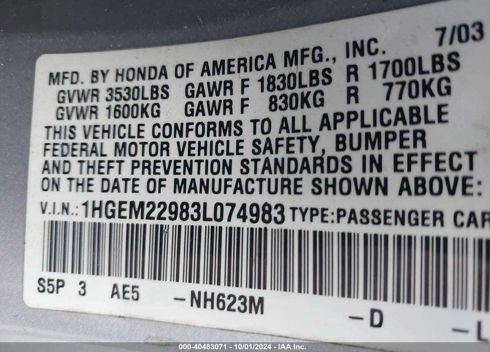 2003 HONDA CIVIC EX VIN: 1HGEM22983L074983