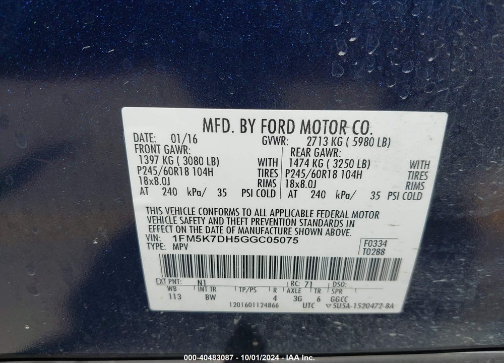 2016 FORD EXPLORER XLT VIN: 1FM5K7DH5GGC05075
