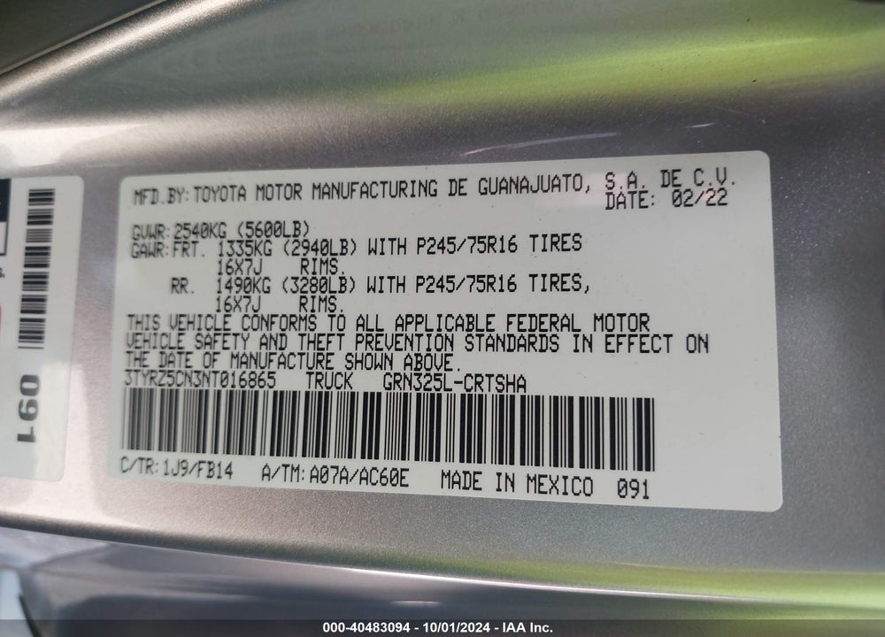 2022 TOYOTA TACOMA SR V6 VIN: 3TYRZ5CN3NT016865