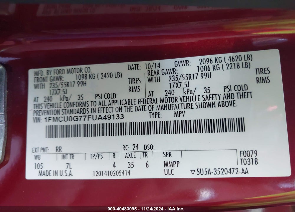 2015 FORD ESCAPE SE VIN: 1FMCU0G77FUA49133