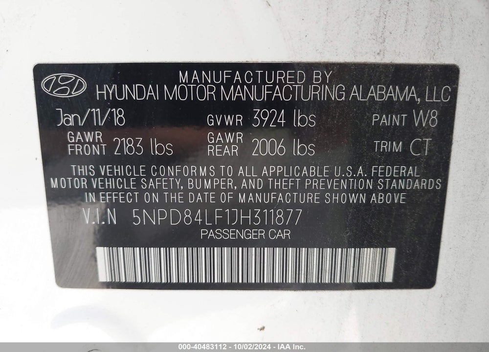 2018 HYUNDAI ELANTRA SEL VIN: 5NPD84LF1JH311877
