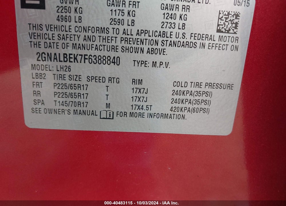 2015 CHEVROLET EQUINOX 1LT VIN: 2GNALBEK7F6388840