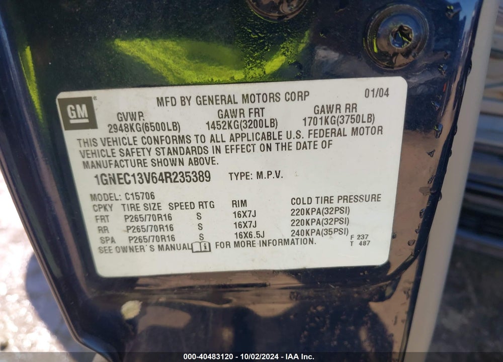 2004 CHEVROLET TAHOE LS VIN: 1GNEC13V64R235389