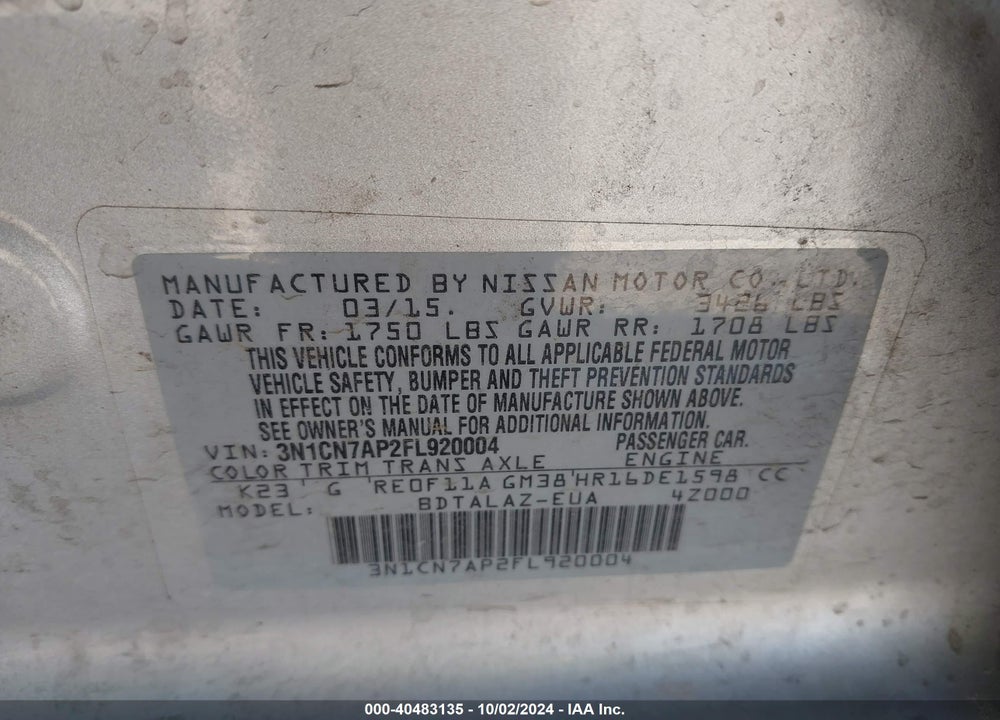 2015 NISSAN VERSA 1.6 S+ VIN: 3N1CN7AP2FL920004