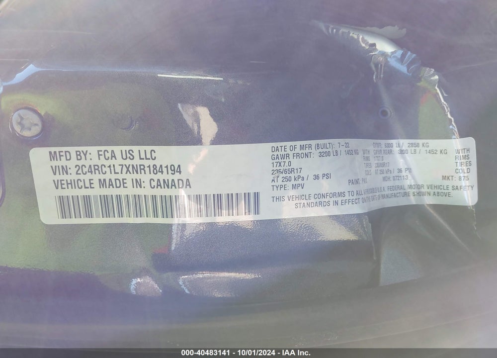 2022 CHRYSLER PACIFICA HYBRID TOURING L VIN: 2C4RC1L7XNR184194