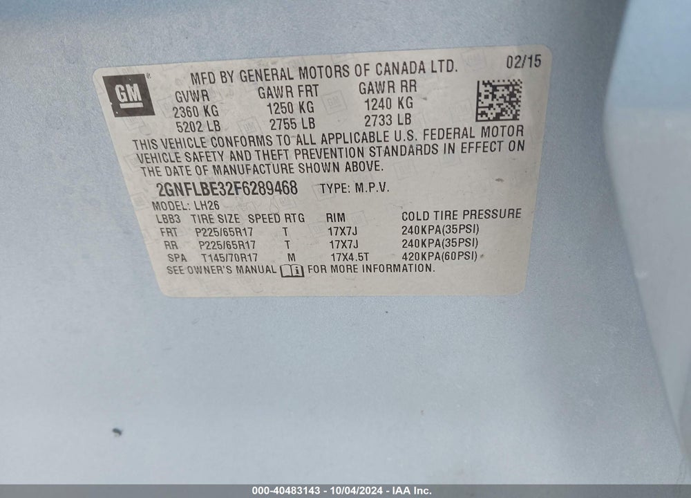 2015 CHEVROLET EQUINOX VIN: 2GNFLBE32F6289468