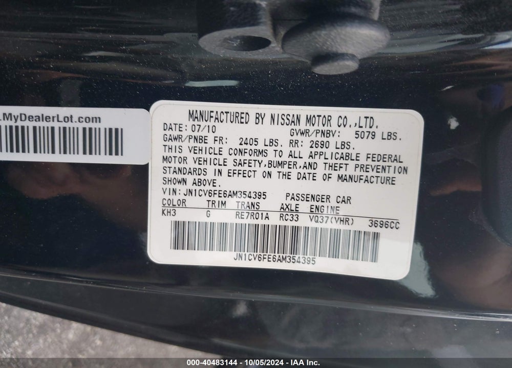 2010 INFINITI G37 VIN: JN1CV6FE6AM354395
