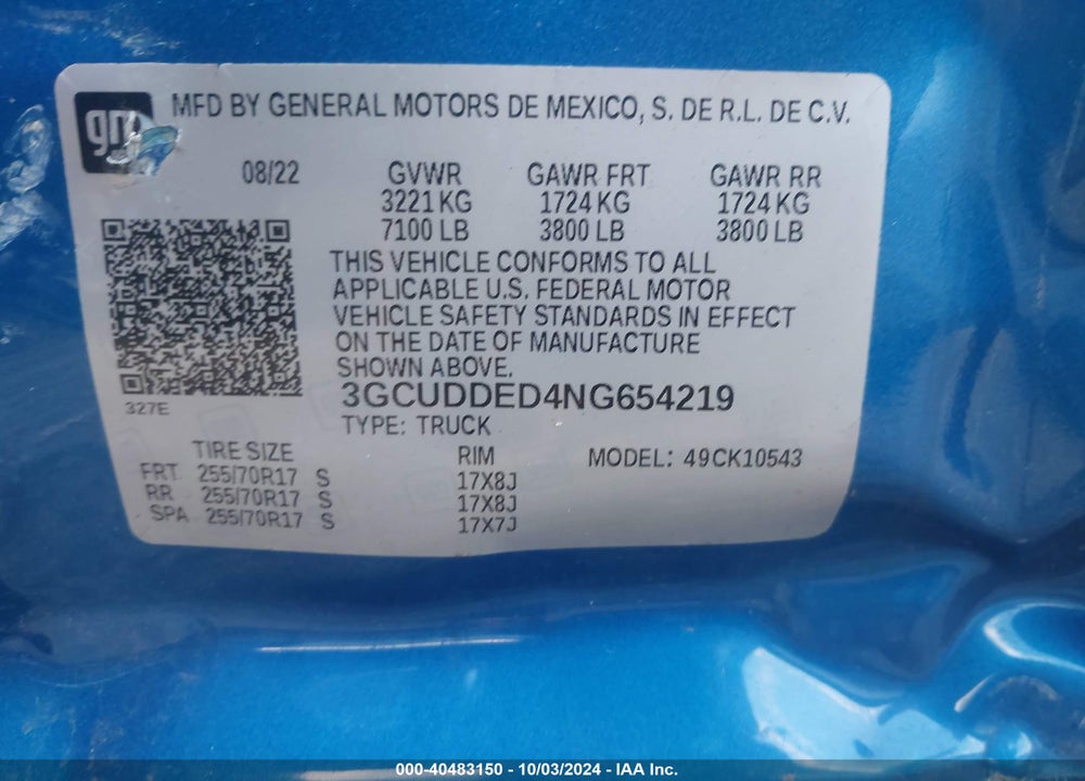 2022 CHEVROLET SILVERADO 1500 4WD STANDARD BED LT VIN: 3GCUDDED4NG654219