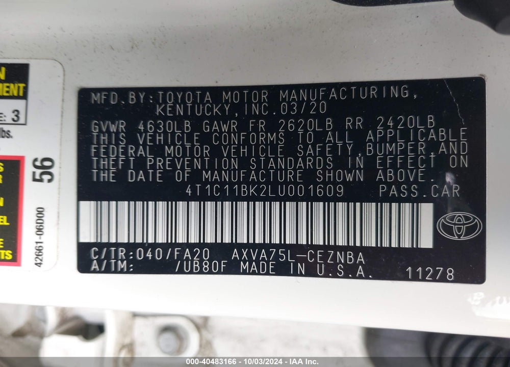 2020 TOYOTA CAMRY LE AWD VIN: 4T1C11BK2LU001609